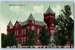 1913 High School Building Tower Campus Trees Portland Indiana Antique Postcard