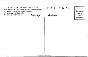CITY CENTRE MOTOR HOTEL Roadside VANCOUVER, BC 1950s Cars Vintage Postcard
