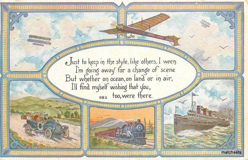 Artist Impression Auto Train Boat 1913 Multi View Aeroplane quote postcard 9878