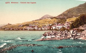 Vintage Postcard Colonie Des Cygnes Beach Mountains Houses Montreux Switzerland