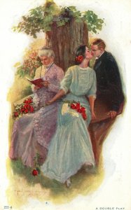 Vintage Postcard 1910's Sweet Couple Lovers Kissing Scene Beside Grand Mother