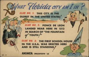 St. Augustine Florida FL Riddle History Quiz Linen Vintage Postcard