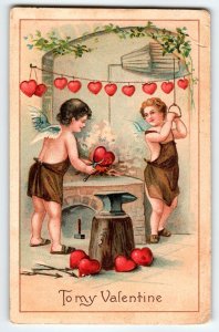 Valentines Day Postcard  Cupid Angels Make Hearts Anvil Hammer Tools 1910 German