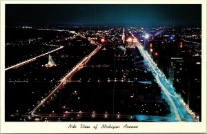 Nite View Michigan Ave Aerial Night Chicago IL Illinois WB Postcard Curteich  