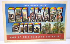 Greetings From Delaware Ohio Large Big Letter Linen Postcard Curt Teich Unused