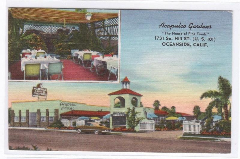 Acapulco Gardens Mexican Restaurant US 101 Oceanside California linen postcard