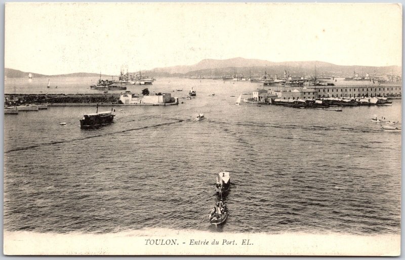 Toulon Entree Du Post France Boats Ships Sailing Buildings in Distance Postcard