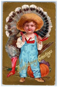 1908 Thanksgiving Greetings Boy Cached Turkey Fruits Embossed Antique Postcard 