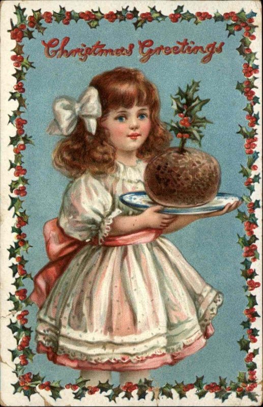 Tuck Happy Days Little Girl with Christmas Pudding c1910 Vintage Postcard