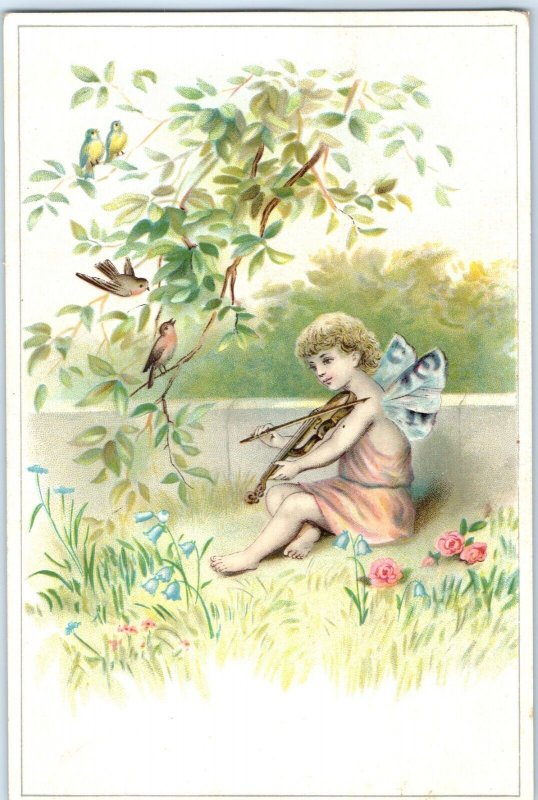 c1880s Adorable Cute Fairy Cherub Girl Playing Violin Large Stock Trade Card C20 