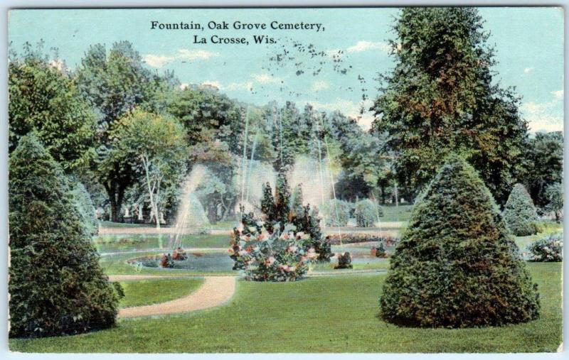 LA CROSSE, Wisconsin WI    Fountain OAK GROVE CEMETERY  1911  Postcard