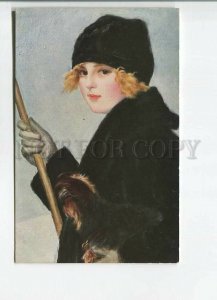 482075 COLLAT First Snow Girl in Fur Coat DOG Yorkshire Terrier Vintage postcard