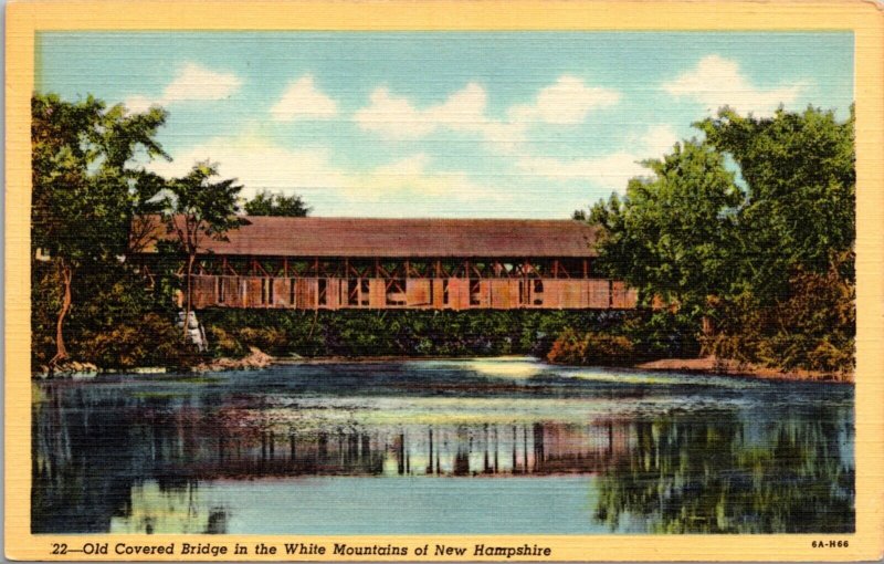 Linen Postcard Old Covered Bridge in the White Mountains of New Hampshire