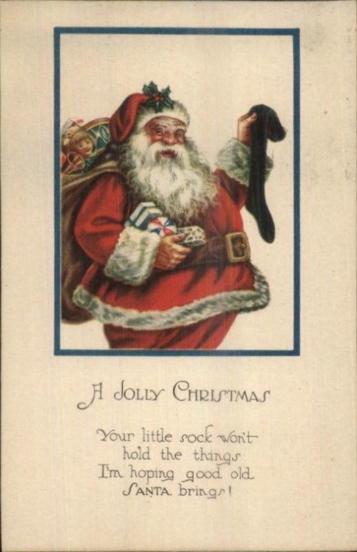 Christmas - Jolly Fat Santa Claus w/ Black Stocking Series 1961 c1915 Postcard