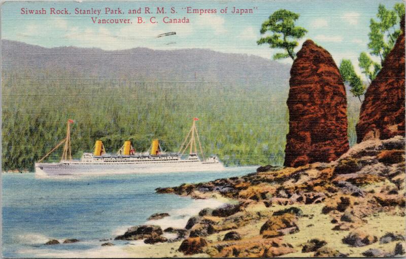 Siwash Rock Stanley Park Empress of Japan Vancouver BC c1938 Postcard F10