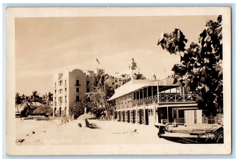 c1940's Beach Hotel Flags Coca Cola Navy Censor Hawaii HI  RPPC Photo Postcard