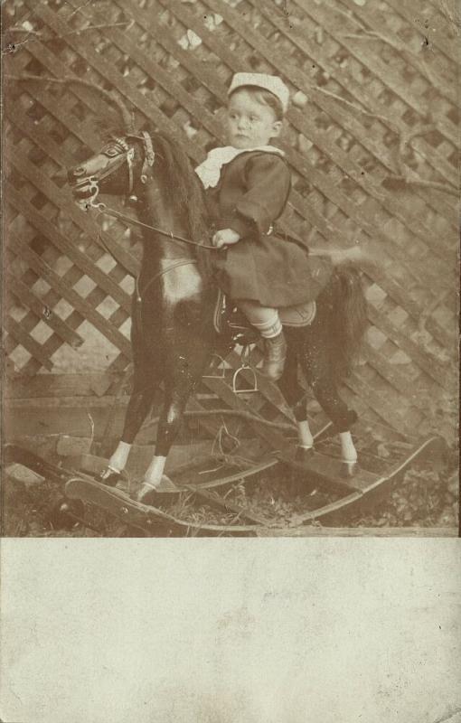 Young German Boy on Rocking Horse (1906) RPPC Toys Postcard