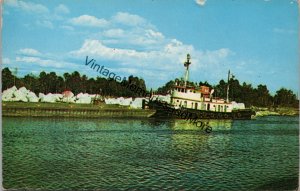 US Corps of Engineers Tug Boat with Barge at Manistique Harbor MI Postcard