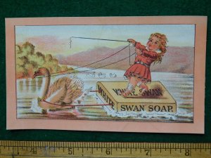 1870s-80s White Swan Soap Girl Riding Giant Soap Bar Victorian Trade Card F33
