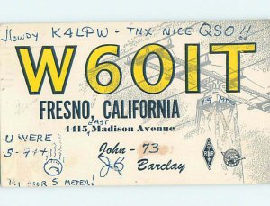 Pre-1980 RADIO CARD - CB HAM OR QSL Fresno California CA AH1135