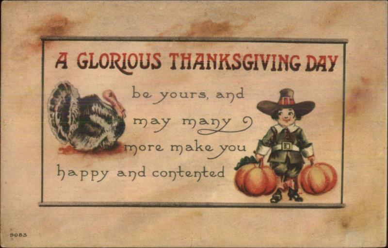 Thanksgiving - Little Pilgrim Boy Pumpkins Turkey Bergman #9083 Postcard