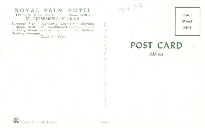 Vintage Postcard Prospect View Of Royal Palm Hotel Building St. Petersburg Fla.