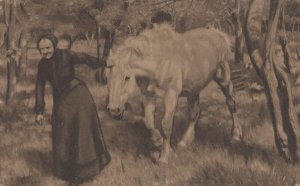 Romany Gipsy Lady With Horse Panel Antique WW1 Wood Postcard