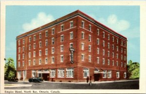 Postcard ON North Bay Empire Hotel Classic Cars 1940s K61