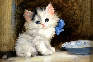 Kitten with a Blue Bow by Meta Pluckebaum Cat Art Russian Modern postcard
