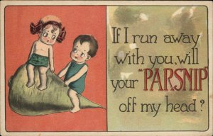Fantasy Pun Little Boy and Girl Play on Giant Parsnip c1910 Vintage Postcard