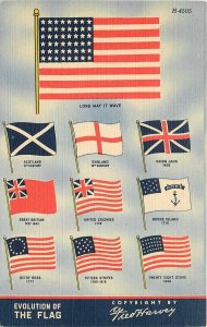 Postcard 1940s Evolution of American Flag linen Fred Harvey linen TP24-3476