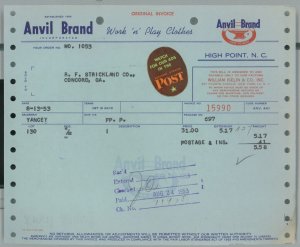 1956 Anvil Brand High Point N.C. Work 'n' Play Clothes Invoice  145