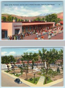 2 Postcards SANTA FE, NM New Mexico PROCESSION, Palace & THE PLAZA ca 1940s