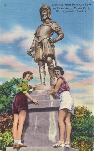 St. Augustine FL, Ponce de Leon Statue, Youth Park, Pretty Girls in Shorts 1953