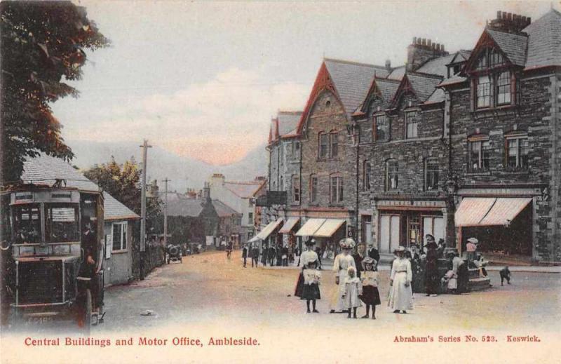 Ambleside England Central Buildings and Motor Office Antique Postcard J79677