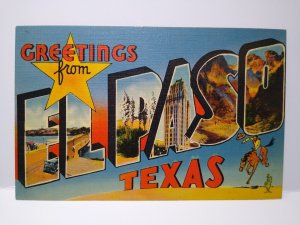 Greetings From El Paso Texas Big Large Letter Linen Postcard Cowboy Horse Cactus