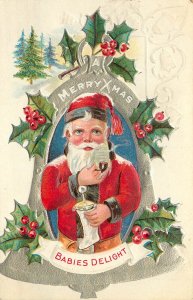 Embossed Christmas Postcard Babies Delight Santa Claus Smokes Pipe Bell Vignette