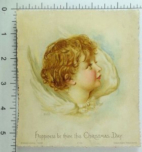 1880's-90's Christmas Card Lovely Cherub In Sky By Artist H. J. S. &M