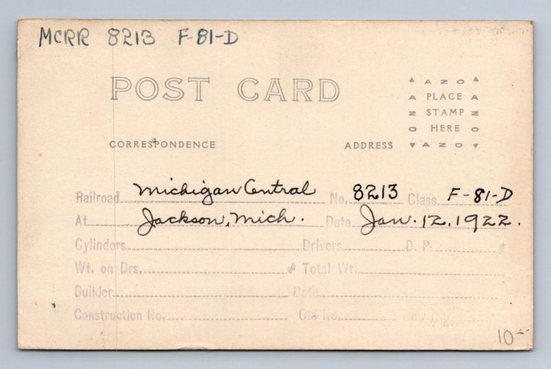 RPPC MICHIGAN CENTRAL RR 8213 F-81-D TRAIN JACKSON REAL PHOTO POSTCARD (1922)