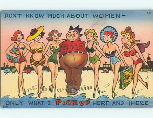 Unused Linen risque GUY WITH SIX BIKINI GIRLS AT BEACH r1924@