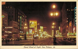 USA Canal Street at Night New Orleans Louisiana Vintage Postcard 07.48