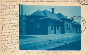 Postcard RPPC 1907 Kansas Larned Railroad depot Cyanotype occupation 23-12018