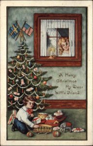 Christmas Little Boy Toy Elephant Trolley Gifts Vintage Postcard