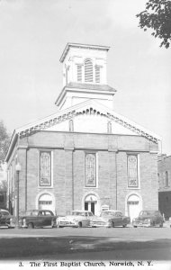 RPPC, Norwich, NY New York  FIRST BAPTIST CHURCH 50's Cars CHENANGO CO  Postcard