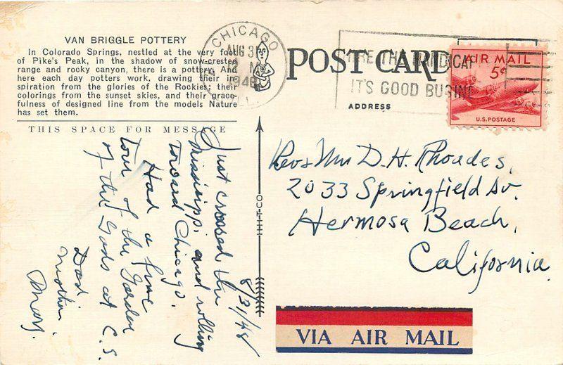 1948 Van Briggle Pottery roadside Colorado Springs Colorado HTT CO postcard 1053