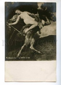 244761 Nude NYMPH Bacchante on FAUN Pan by BOCKLIN vintage PC