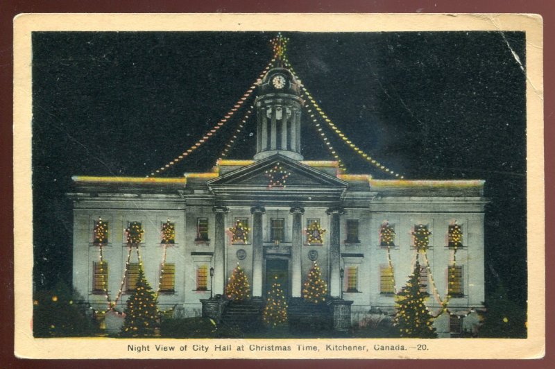 h2527 - KITCHENER Ontario Postcard 1930s City Hall at Christmas