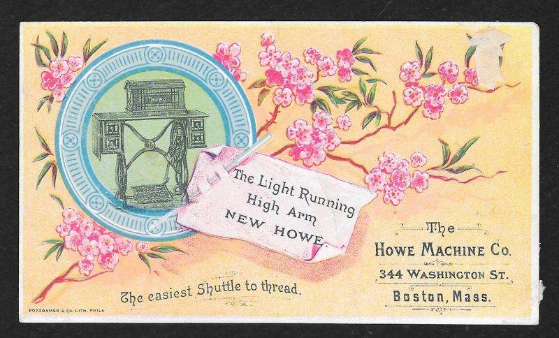 VICTORIAN TRADE CARD Howe Sewing Co Machine & Flowers 'The Light Running...'