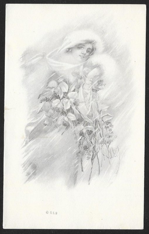 Beautiful Lady & Plants Artist signed Used c1915