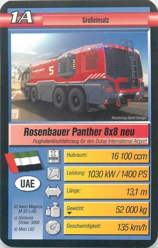 Super Trumpf 6x9cm mechanic tradecard Rosenbauer Panther 8x8 Dubai airport